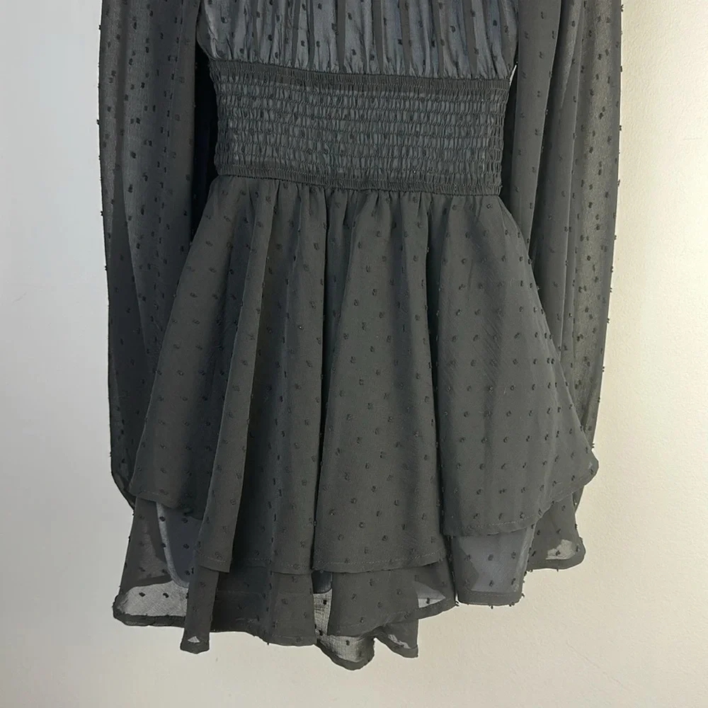 Urban Outfitters Rosie Clip Dot Smocked Long Sleeve Romper SM Black Fairygoth - Picture 15 of 16
